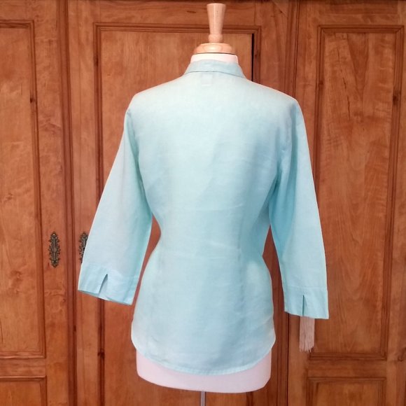 Charter Club 100% Linen Turquoise Blue Button Down Collarless TopSize 10 - Picture 5 of 7